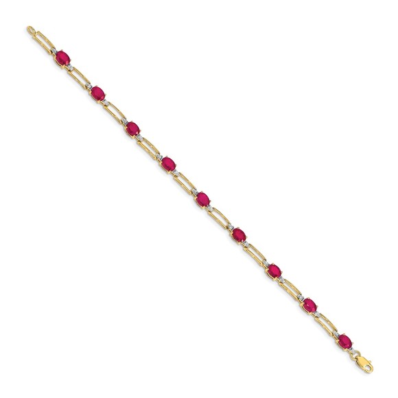 14k Yellow Gold Diamond and Oval Ruby (July Birthstone) Bracelet, 7.25" Length - Picture 2 of 4